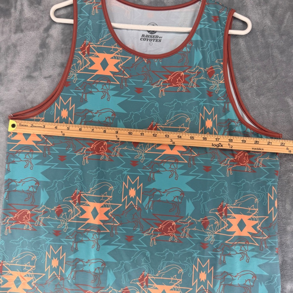 Raised by Coyotes Mens L Tank Top Southwestern Horse Print Blue Red Orange - Picture 4 of 8